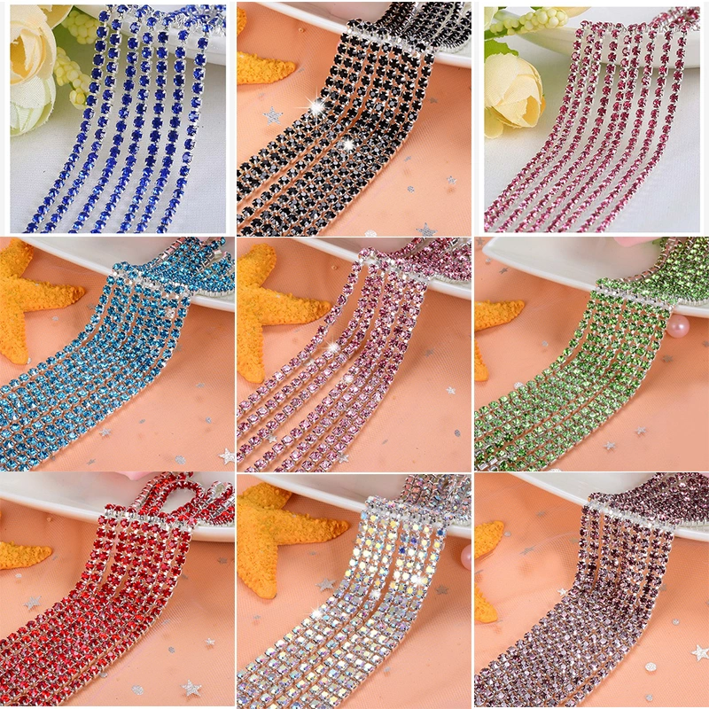 Glass Crystal Rhinestone Chain Silver Bottom Sew on Cup Chains for DIY Garment Bags Decorations